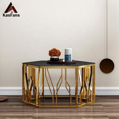 China Customized On Sale Popular Hexagon Coffee Tables Carving Tables Chic Gold Mental Base Black Marble Leisure Home Furniture for sale