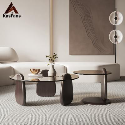 China Factory Outlet Customized Round Coffee Tables Wooden Legs Glass Legs Low Creative Deco Furniture Home Center Tables Tempered Glass for sale