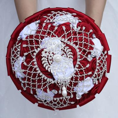 China 2019 Wedding Gift Hao Xie Gorgeous Satin Roses Crystals Beads Embellished Artificial Flowers Wedding Bridal Bouquet for sale