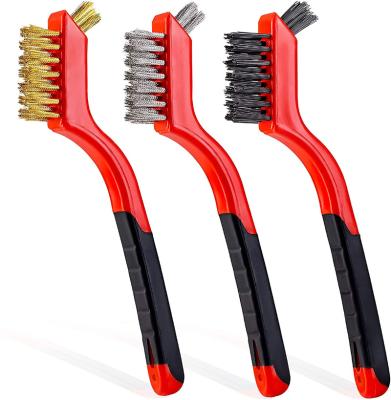 China Sustainable Wire Brush Set 3Pcs Nylon / Brass Stainless Steel Bristle / With Curved Grip Handle For Rust for sale