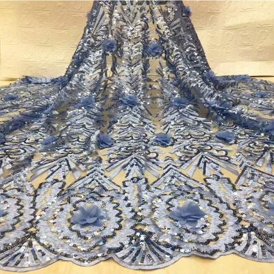 China African lace fabric latest bridal elegant blue shiny french lace material cheap wedding viable 3d sequins beaded lace for 8 colors for sale