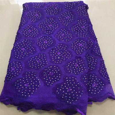 China Beautiful Viable Purple Embroidered Flower Lace Design Style Rope Lace Fabric New 5 Yards African Stone Lace Fabric For Nigeria Party for sale