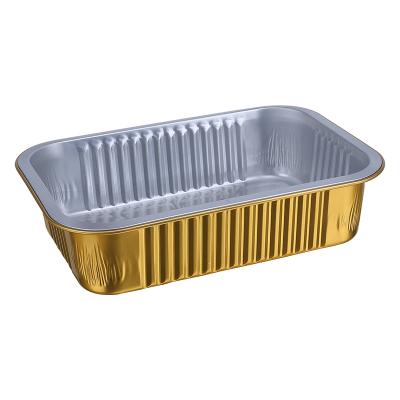 China Heavy Duty 750ML/25oz Gold Packing Material Outside Silver Inside Disposable Food Container Aluminum Foil Rectangle Food Takeout Trays for sale