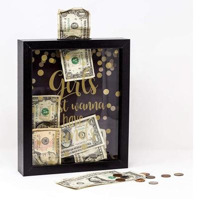 China Creative handmade craft money bank shadow box wooden money bank for sale