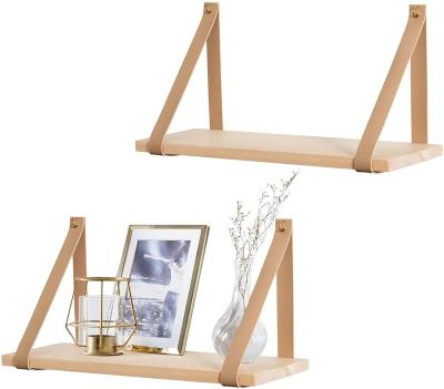 China Leather Strap Swing Organizer Hanging Shelf Wall Solid Wood Floating Shelves for sale