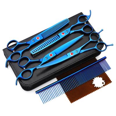 China 7.0 Inch Sustainable Plating Shaped Blue Animal Pet Grooming Scissors Straight Curved Thinner Fishbone Teeth Four Shears Set for sale