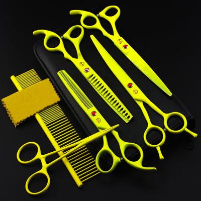 China 7.0 Inch Viable Paint Yellow Veterinary Animal Shaped Fishbone Teeth Pet Grooming Scissors Scissors 4 Set Scissors for sale