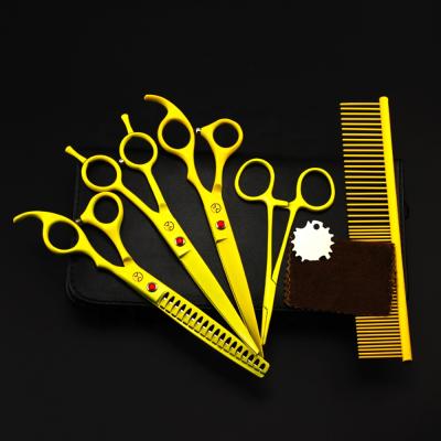 China 7.0 Inch Viable Painting Scissors Pet Grooming Scissors Yellow Animal Fishbone Shaped Teeth 3 Scissors Set for sale