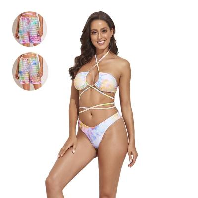 China Breathable Tie Dye 2 Colors Halter XL Triangle Tie Side Bikini Set 3 Pieces High Thong With Swim Trunk Swimwear For Female Women for sale