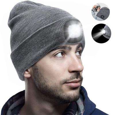 China CR2032 3 Modes 4 LED Snap COMMON 2 Beanie Hat With Headlight Lightweight Hat Unisex Winter Knitted Jogging Gift Run Hike And Repair Camp for sale