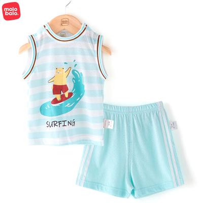 China Breathable 2 Pieces Baby Clothing Sets Cute Cartoon Print Baby Clothes Sleeveless Mesh Cotton Baby Boys Jersey Summer Sets for sale