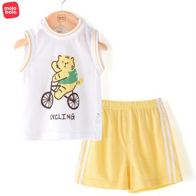 China Breathable 2 Pieces Baby Clothing Sets Cute Cartoon Print Baby Clothes Sleeveless Mesh Cotton Baby Boys Jersey Summer Sets for sale