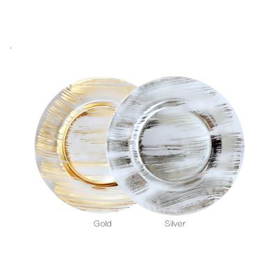 China Viable Wedding 13 Inch Clear Bottom Glass Charger Plates Dish Black Gold Silver Lines for sale