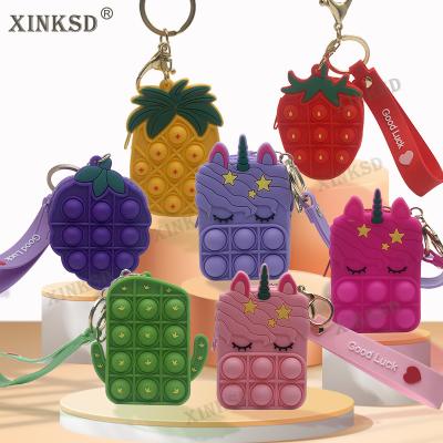 China Mini Fidget Toy Push Bubble Pop Keychains Strawberry Pineapple Unicorn Sensory Cartoon Silicone Sensory Wiggle Keychain Custom Made Unicorn for sale