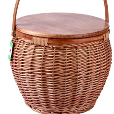 China China Willow Handmade Picnic Cooler Basket With Wooden Lid 1 Ring Under Lid To Keep Balance for sale