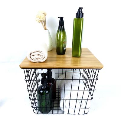 China Sustainable GOURMAID Kitchen Rectangle Storage Basket With Bamboo Top Wire Basket for sale