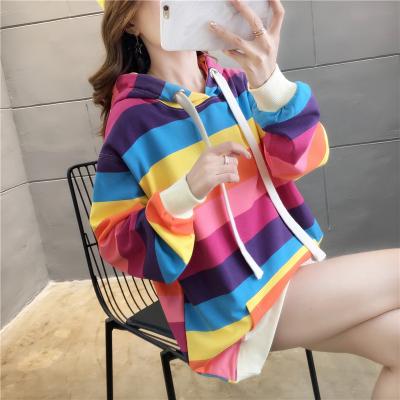 China Anti-wrinkle Korean Design 2022 New Women'S Hoodies Rainbow Stripes Pullover Sweatshirts Long Sleeve Hoodie Women Loose Tops Coat for sale