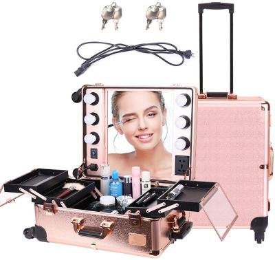 China Large Capacity Rolling Pro Makeup Cosmetic Case Studio Makeup Train Case with 6 LED Lights for Studio and Artist Making Up for sale