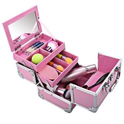 China Pink Jewelry Bag Large Capacity Mini Mirror Makeup Train Box Hard Side Cosmetic Case for sale