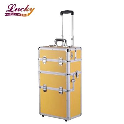 China 3 Layers Durable Rolling Aluminum Makeup Case Stand 3 in 1 Custom Cosmetic Kit Case Luxury Cosmetic Salon Aluminum Eyelash Trolley for sale