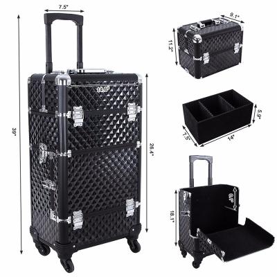 China Large capacity professional 2-in-1 beauty aluminum undercarriage case with 4 wheel trolley cosmetic box for sale