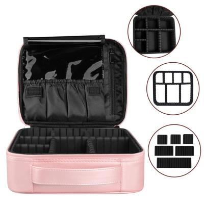 China Large Capacity Large Capacity Makeup Bag Cosmetic Train Case and Adjustable Dividers for Cosmetics Makeup Brushes for More Storage - Pink for sale