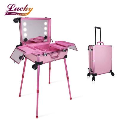 China Durable Portable Beauty Vanity Makeup Trolley Case Travel Train with LED Light/Mirror Case for Cosmetics for sale