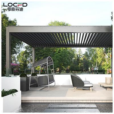 China Easily Assembled Electric Remote Control Sliding Aluminum Wood Wooden Pergola Screen Shutter Waterproof Roof Grain for sale