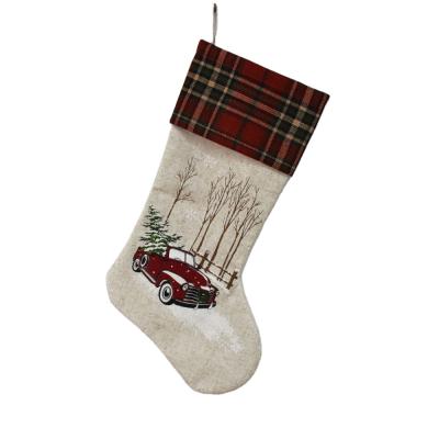 China Christamas Home Decoration New Design CHRISTMAS STOCKING Vintage Printed Car Christmas Tree Pattern Christmas Stocking for sale