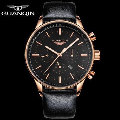 China Japan movt quartz stainless steel case leather strap sapphire glass luminous watch GUANQIN chronograph men's wristwatches for sale