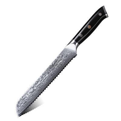 China Sustainable Newcomers Japanese 8 Inch Damascus Serrated Bread Knife With Black G10 Handle for sale