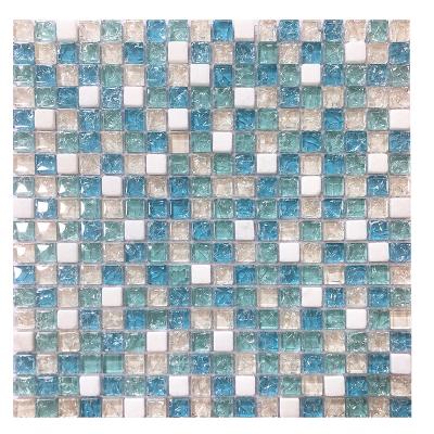 China Wholesale Blue Crystal Flooring Mix Crack Glass Mosaic Slab Factory Wholesale Glass Mosaic Slab for sale