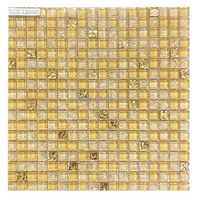 China Cheap Parquet Gold And Glass Mosaic Slab For Bathroom And Kitchen Beige Iridescent Yellow Crackle Wave for sale