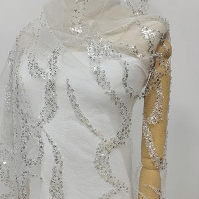 China Korean white breathable lace fabric with crystal beads and sequins embroidery for bridal wedding and evening dress for sale