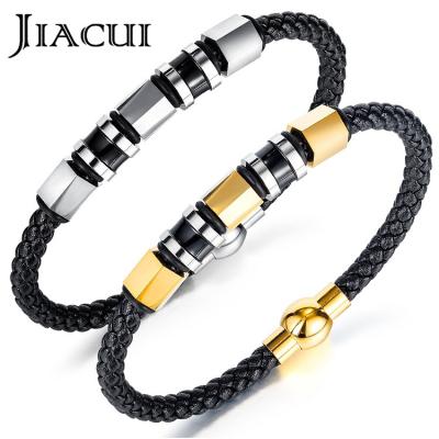 China Trendy Retro Punk Alloy Bracelets Jewelry PU Leather Men's Stainless Steel Bracelet For Man for sale