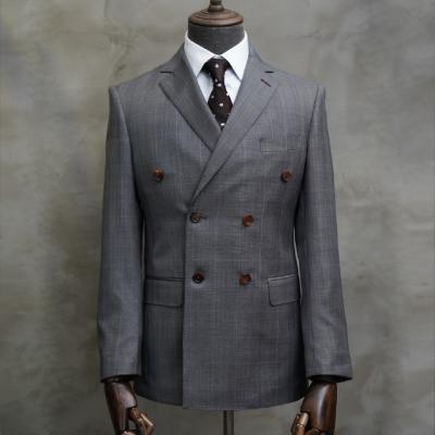 China Anti-Static British Tailor Made Custom MTM Style Gray Plaid Double Breasted Business Suit For Men 100%Wool 2 Piece Set for sale