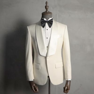 China Classic Ivory Men's Shawl Lapel Custom White Tuxedo Suit Plus Size MTM Advertised Wedding Groom Suit Wool 2 Piece Suit Set for sale