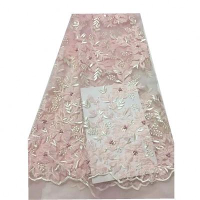 China 3D Viable Pink Flower George Lace Indian Embroidered Tulle Lace Up With Stones And Bead Mesh Lace for sale