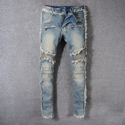 China QUICK DRY custom elastic stitching jeans men's motorcycle rough edge thin fit old color for sale