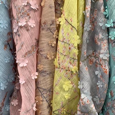 China KEER Free Sample 3D Stock Fashion Dress Embroidery Floral Organza Chiffon Fabric Anti-Static Woven Polyester Jacquard Fabric for sale