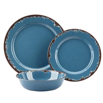 China Cheap Turkish Wholesale Blue Restaurant Style Durable Melamine Stocked Stylish Glazed Plastic Dinnerware Set for sale