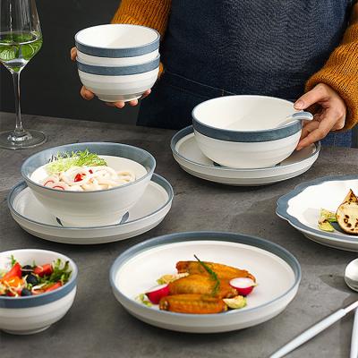 China Stocked custom cheap dinner set OEM restaurant wedding frost melamine design Nordic white blue dinnerware set for sale