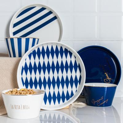 China Custom European Glazed Dinner Stocked Melamine Stickers Dinner Plates Blue White Striped Bowls Set Luxury Tableware For Weddings for sale