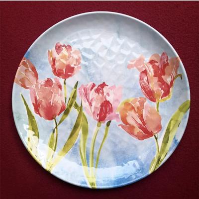 China Stocked Italian Style Restaurant Tableware Tulip Print Wave Embossed Round Design Melamine Western Dinner Plate for sale