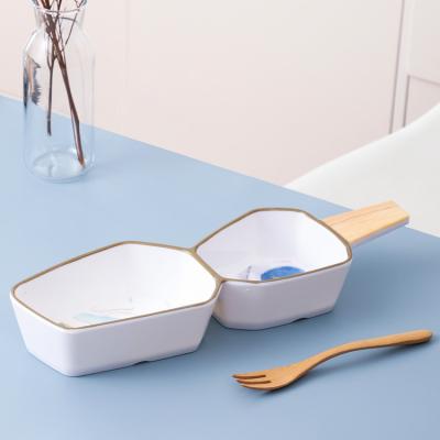 China Viable Wholesale Hotel Two-set Cheap Restaurant Handle Design Salad Snack Bowl 100% Melamine Wood Bowls for sale