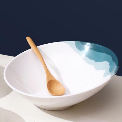 China Nordic style hot sales stocked durable white blue blue glazed plastic bevel design salad fruit snack bowls for sale