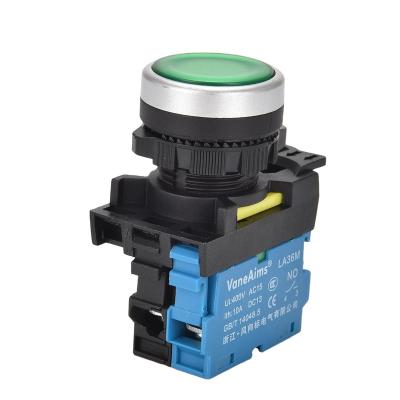 China VaneAims Plastic Reset Button Switch With Green Light Momentary Push Button Switch 1NO/NC LA36M 110-220V for sale