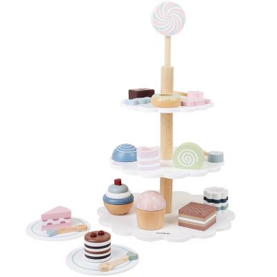 China Toy Food Playset Children's Wooden Three-Layer Cake Tower Toy Sets Play House Simulation Desserts Birthday Toys Set for sale