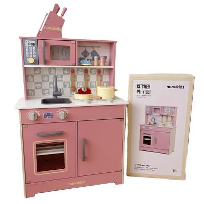 China NUNUKIDS Colorful Kids Lace Big Cooking Cabinet Toy Kids Wooden Kitchen Sets Toy For Girls for sale