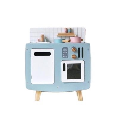 China Macarone Children Play House Simulation Kitchen Toys Girls Baking Stove Kids Blue Wooden Kitchen Toy Set KIK002 for sale